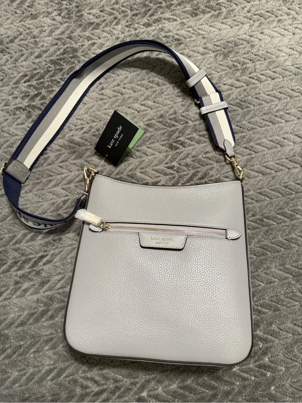 kate spade Light Gray Pebbled Leather Crossbody with Striped Strap